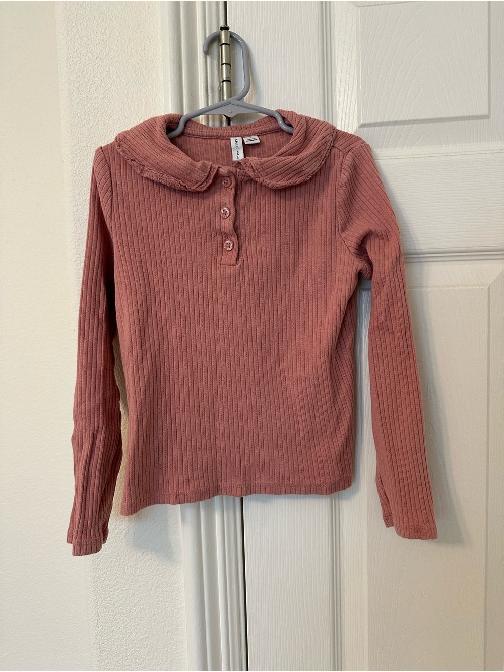 Janie and Jack Ribbed Long-Sleeve Top in Mauve Pink with Peter Pan Collar